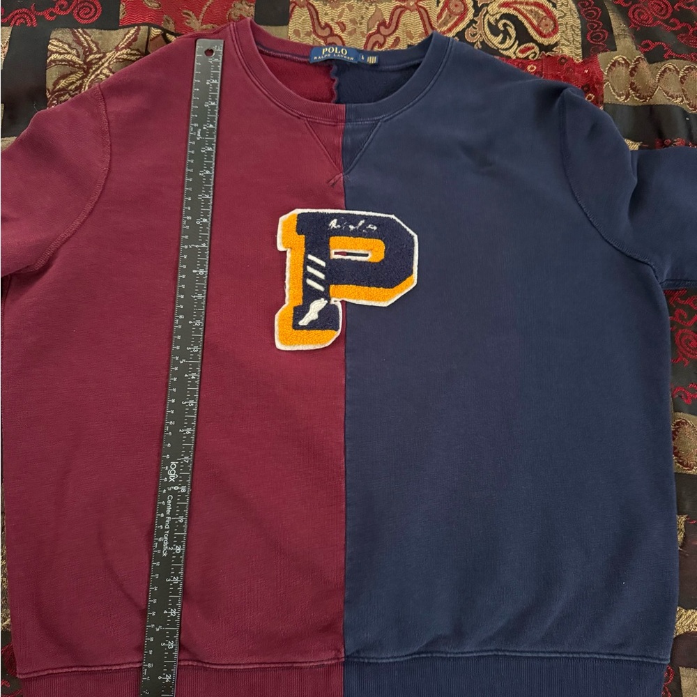 Polo Ralph Lauren ‘67 Polo’ Varsity Chenille Patchwork Maroon/Navy Blue Crewneck - Picture 2 of 9
